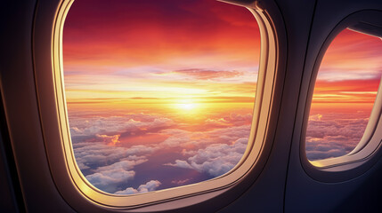 Fototapeta premium Airplane window view of beautiful clouds and sky at sunset time.