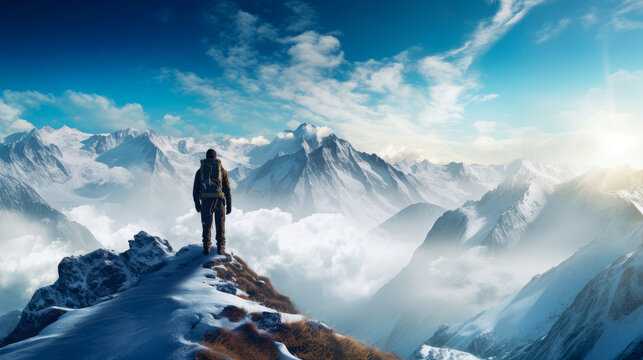 Hiker standing on top of a snowy mountain. Panorama.