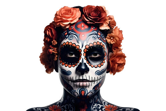 Girl with calavera face makeup isolated on transparent and white background