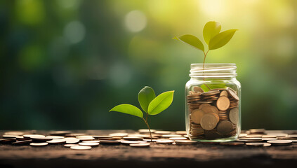 coins coming from jar with a green plant growing - obrazy, fototapety, plakaty