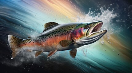 Fototapeta premium Trout fish with water splash, dark setting. Close-up wildlife artistry.
