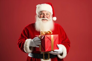 photo portrait of a santa claus holding a gift box, one color background and copy space, generative ai