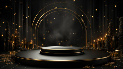 Luxury Black podium against sparkle lighting on dark elegant background. Design for discount, sale marketing concept, ads or product presentation, social media banner, flyer, brochure. Generative AI