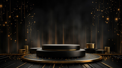 Fototapeta na wymiar Luxury Black podium against sparkle lighting on dark elegant background. Design for discount, sale marketing concept, ads or product presentation, social media banner, flyer, brochure. Generative AI