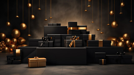 Black Friday sale concept with a podium, gift boxes on a dark scene. Discount or sale marketing advertisement for poster, Ads, web banner, flyers, banners, brochure. Generative AI