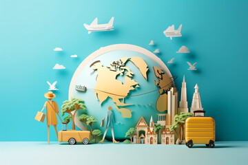 Travel around the world banner design by paper cut, minimal flat design style, journey, vacation, tourist concept, papercut illustration