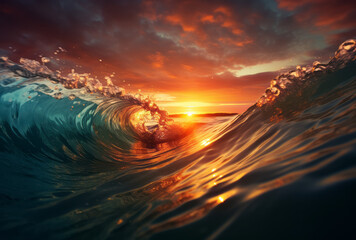 A sunset in the waters with waves and clouds, featuring dark cyan and red colors, beautiful and serene.