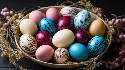 Fototapeta na wymiar Richly patterned Easter eggs in a bowl with natural elements on a dark surface