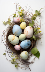 Natural Easter eggs in a bird's nest with delicate wildflowers on a white background