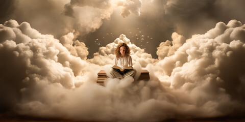 Girl reading a book on clouds in a vintage style. - obrazy, fototapety, plakaty