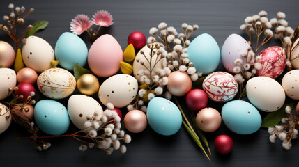 Easter eggs arranged with spring flowers on dark background for festive decoration.