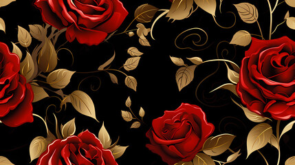 Red Roses with a Black and Gold Background seamless pattern