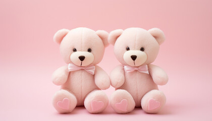 Cute stand chubby teddy bear couple holding valentine heart shape on pink background | Lovers' day celebration decoration | Birthday decoration with teddy bear couple | Love concept | Gift decorations
