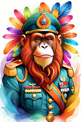 illustration of an orangutan in army uniform on a white background