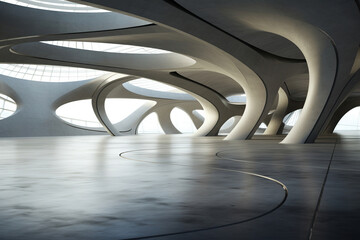 Set of abstract parametric architecture with empty concrete floor. Scene hall for car presentation.