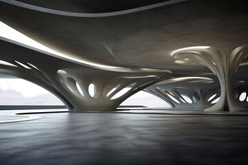 Set of abstract parametric architecture with empty concrete floor. Scene hall for car presentation.