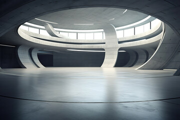 Set of abstract futuristic architecture with empty concrete floor design. Scene hall for car presentation.