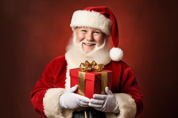 Fototapeta na wymiar photo portrait of a santa claus holding a gift box, one color background and copy space, generative ai