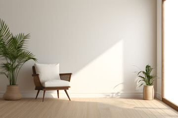 interior in white room with furniture on wooden floor and door, potted plants, chairs in the style of minimalist background, earth tone color palette