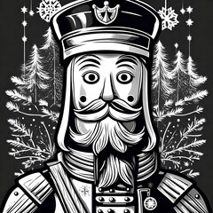 A vector-style black and white illustration of a vintage Christmas nutcracker toy soldier