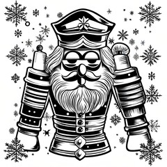 A vector-style black and white illustration of a vintage Christmas nutcracker toy soldier