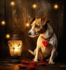 A dog with a heart shaped collar and a lantern. Generative AI.