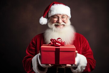 photo portrait of a santa claus holding a gift box, one color background and copy space, generative ai