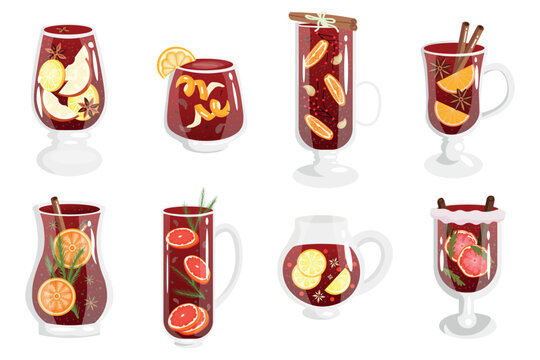 Set of glassware with tasty mulled wine on white background