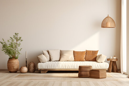 Fototapeta living room interior with sofa with hardwood flooring, in the style of earth tone color palette, minimalist 