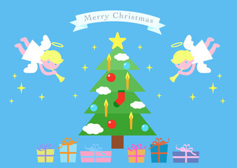 クリスマスツリーと天使のイラストのクリスマスカード