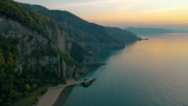 Bartin, Turkey. Lava landscape and the Black Sea. G&uuml;zelcehisar is famous for its lava basalt columns. The columns were viewed with a drone at sunset.