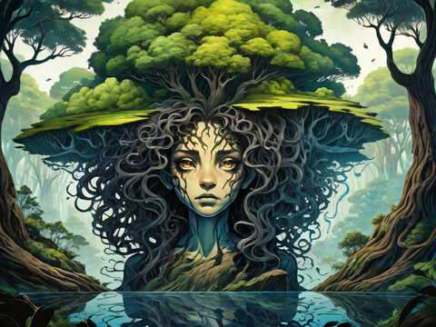 mind trick, liquid, dark curly lion dryad girl melting part of landscape, high detailed, high quality, colored ink art, realistic anime