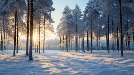 Landscape photos of beautiful road through winter pine forest trees with white snow in December of Arctic circle country. Generative AI