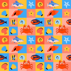 Seamless pattern with marine animals and ocean creatures, bright colorful cube background for nautical themed designs.