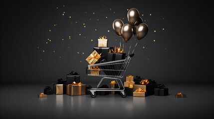 Shopping carts with black and elegant gifts. Shopping cart with gifts and balloons. Elegant gifts for Christmas.