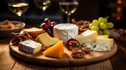 Fototapeta premium A variety of delicious cheese and snacks served at a party. Generative AI. 