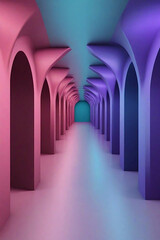 Corridor with repeating columns and arches in neon colours closed at the end. Concept of a route or course leading nowhere