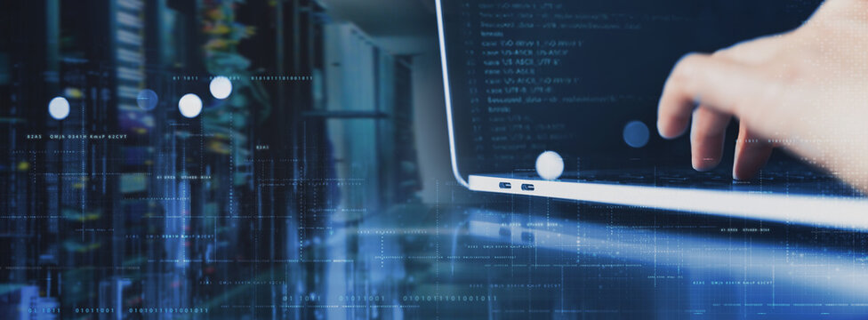 Computer engineer coding on laptop computer with server room, data center, big data storage as backgrounds, digital technology, database, IT support, internet network, digital software development