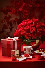 Romantic dinner setting with red roses and gift box on table.Valentine's Day Concept