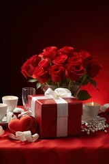 Romantic dinner setting with red roses and gift box on table.Valentine's Day Concept