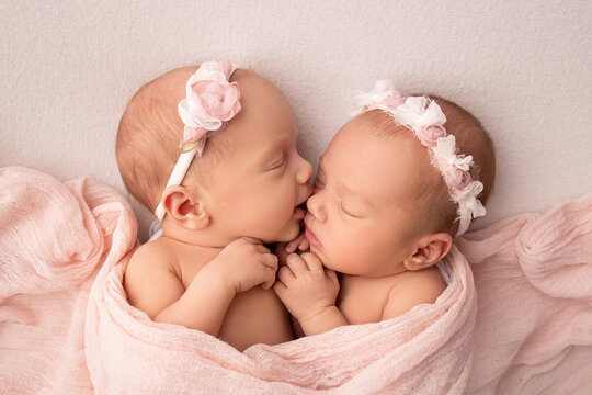 Tiny newborn twin girls. A newborn twin sleeps next to his sister. Newborn twin girls on the background of a pink blanket with pink bandages. The girls gently hug and kiss their sister in a cute pose
