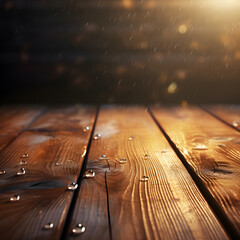 rain drops on wet wooden surface, abstract with air bubbles on surface. Realistic pure water drops for creative banner design. - obrazy, fototapety, plakaty