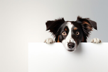 A dog peeking over white sign placard template with copy space.