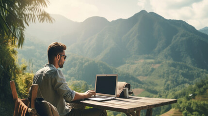 A freelance using laptop in nature with beautiful mountain view, concept of digital nomad working...