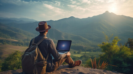 A freelance using laptop in nature with beautiful mountain view, concept of digital nomad working on the go concept.