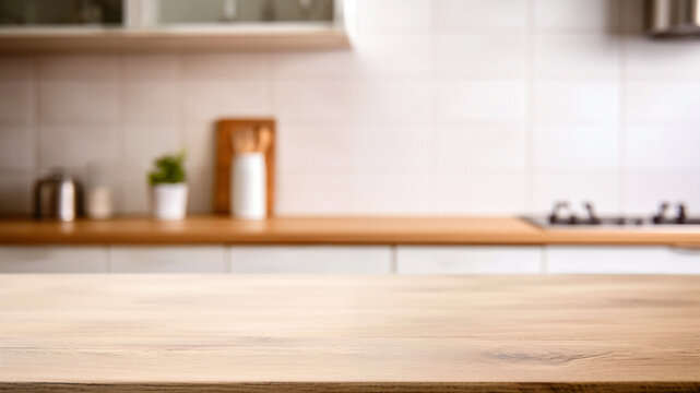 Empty wooden table and blurred kitchen interior background, perfect for product display montage. High quality photo