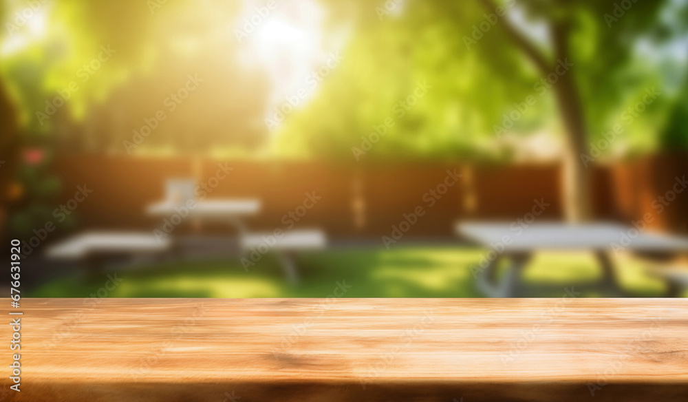 Poster wooden table in front of blurred backyard background with chair and table. for product display. high