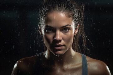 A professional woman athlete with focus in his eyes and sweat pouring down.