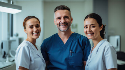 Doctor and his team smiling isolated on a white background.