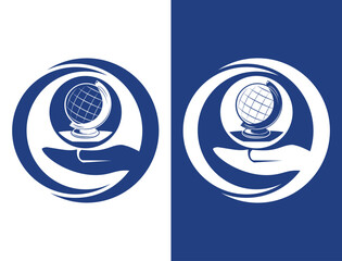 Travel, world logo or label. Hand carefully keeps globe. Vector illustration